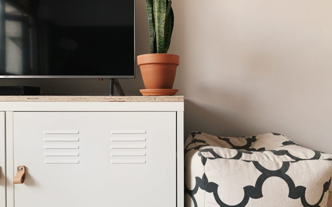 close-up wit tv-meubel met een cactus en tv erop en daarnaast een poef.