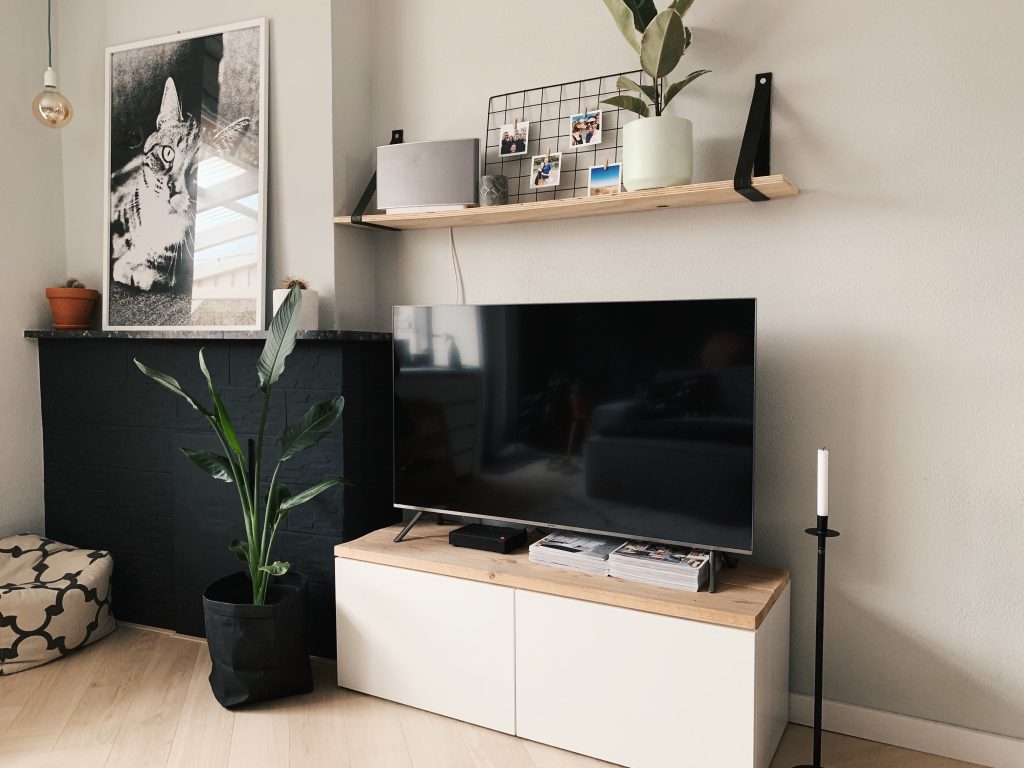 tv-meubel met tv erop, erboven een hangplank en daarnaast een zwarte schouw met daarbovenop een grote poster met een kat erop.